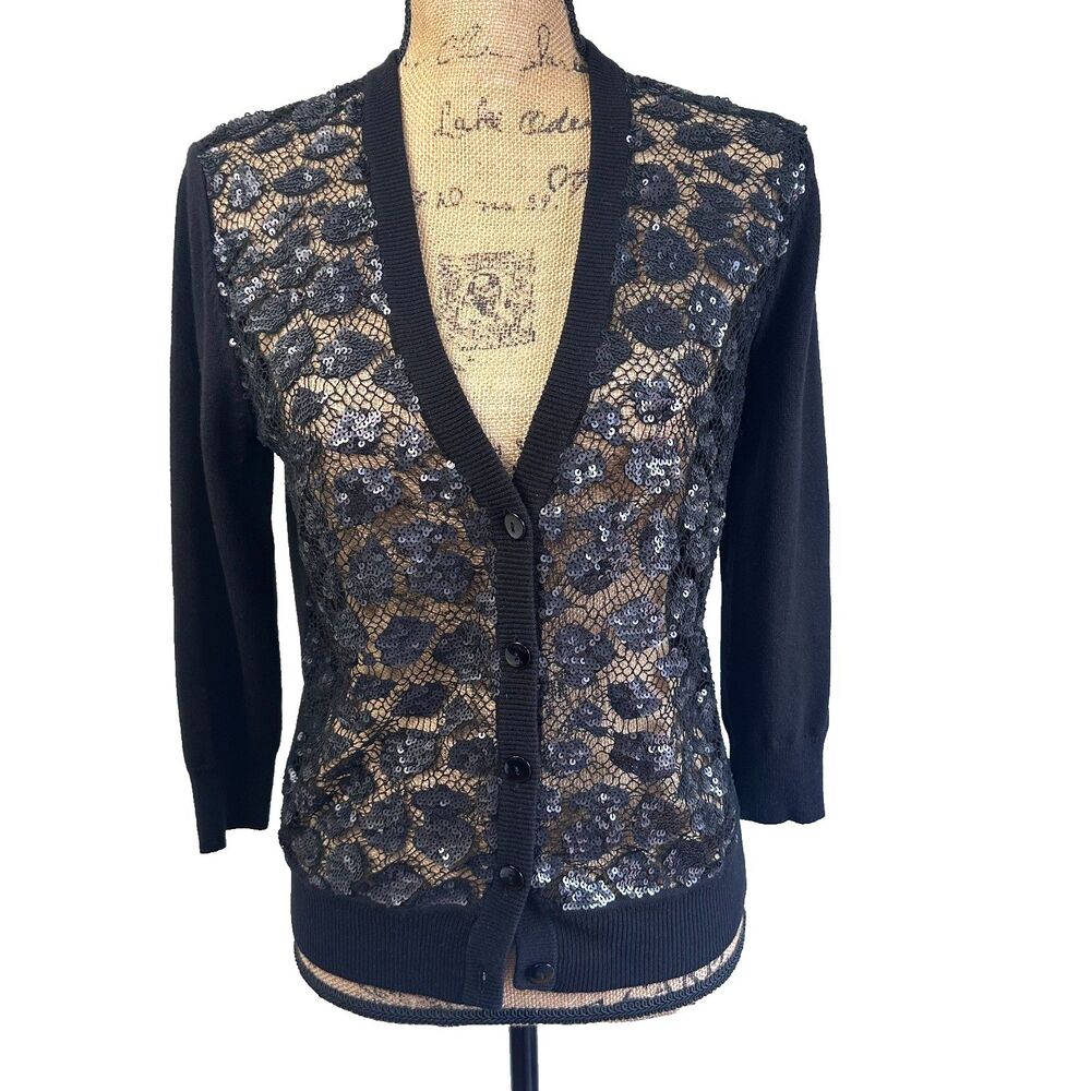 Etcetera Sample Black Floral Lace Sequin Cardigan Sweater Button Front Sz S/M